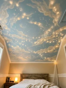 Sky-blue bedroom ceiling with soft white cloud designs.