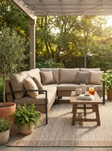 Comfortable weatherproof sectional seating on a stylish backyard patio
