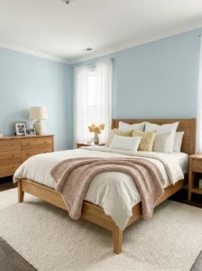Soft sky blue bedroom walls with white bedding and natural wood furniture