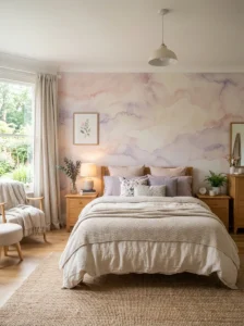 Soft blush and lavender watercolor wallpaper in a bedroom