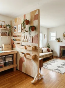 Functional pegboard room divider with storage and decorative accessories.