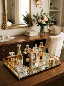 Curated perfume collection displayed on a mirrored tray in a dressing room.