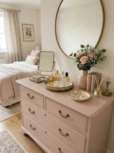 : Curated perfume and jewelry display on a pink bedroom dresser.