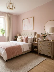 Pink bedroom with warm brass and gold hardware.