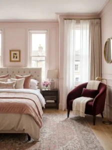 Burgundy velvet accent chair in a pink bedroom.