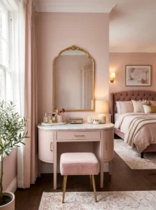 Elegant vanity area in a sophisticated pink bedroom.