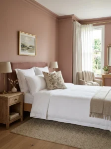 : Muted floral throw pillow in a sophisticated pink bedroom.