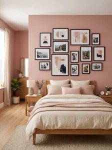 Gallery wall with cohesive black frames in a pink bedroom.
