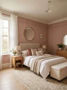 Pink bedroom with warm white trim and ceiling.