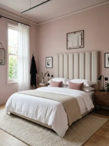 Neutral tufted headboard in a sophisticated pink bedroom.