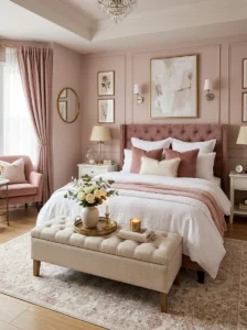 Tufted ottoman bench at the foot of a pink bedroom bed.