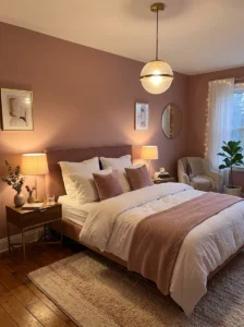 Pink bedroom with warm layered lighting