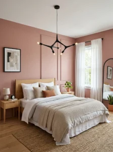 t: Black metal pendant light in a pink bedroom.