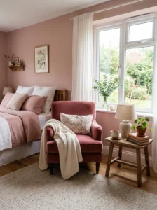 Deep rose reading chair in a pink bedroom.
