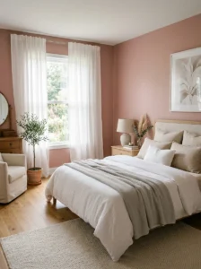 Pink bedroom with white sheer curtains and diffused sunlight.