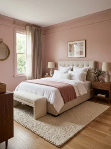 : Cream textured area rug in a pink bedroom.