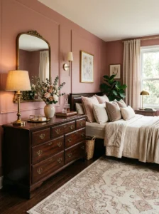 Dark wood dresser providing contrast in a pink bedroom. 21. Perfume or Jewelry Display