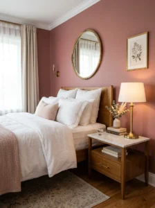 Marble-top nightstand beside a pink bedroom bed.