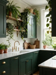 Lush green plants complementing deep green kitchen cabinetry.