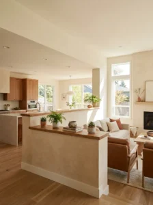 Modern half-height pony wall creating separation between a kitchen and living area.