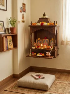Dedicated shelf for prasad and offerings beside a mandir