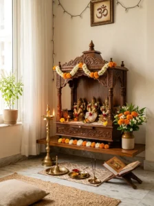Comfortable prayer cushion placed in front of a small mandir
