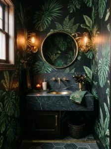 Dark botanical wallpaper creating a moody luxury powder room