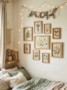 Pressed flowers displayed in simple frames in a fairy bedroom.