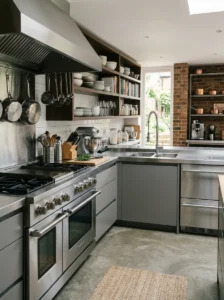 Stainless steel countertops in a professional-style home kitchen.