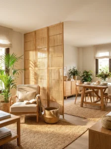 Natural bamboo and rattan divider separating two spaces while allowing light through.