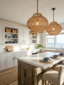 Woven rattan pendant lights above a coastal kitchen island