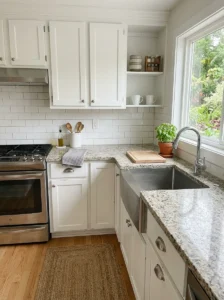 Resurfaced painted countertop in an affordable kitchen makeover.