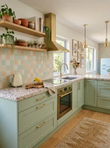 Terrazzo countertops in a retro-modern kitchen.