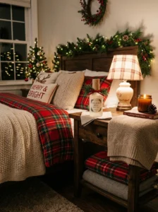 Holiday room spray displayed on a Christmas bedroom nightstand