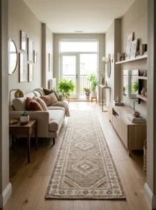Long runner rug guiding the length of a narrow living room