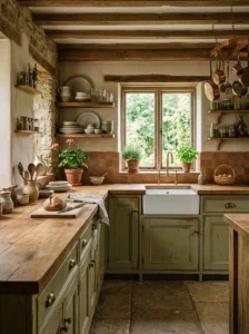 Reclaimed wood countertops in a rustic kitchen.
