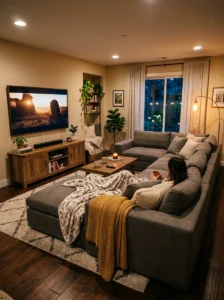 Deep oversized sectional sofa with chaise seating in a comfortable TV room.