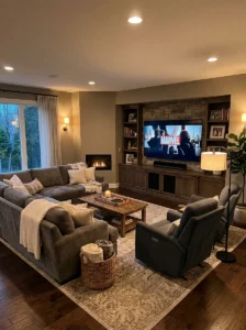 TV room with a sectional sofa and coordinated recliner chairs facing the television.