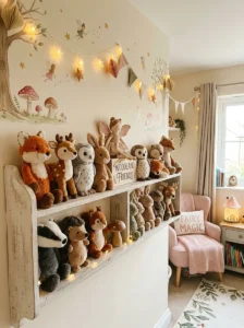 Woodland creature stuffed animals displayed on a bedroom shelf.