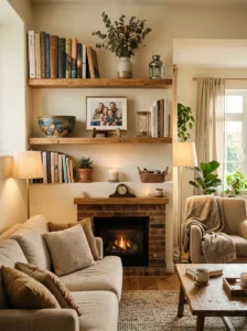 Floating shelves displaying meaningful personal objects, framed photos, and decorative pieces.