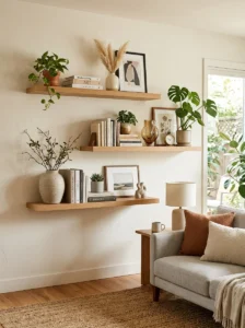 Floating shelves installed at different heights in a dynamic living room arrangement.