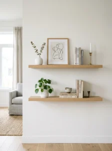 loating shelves styled with three or four decorative objects and generous negative space.