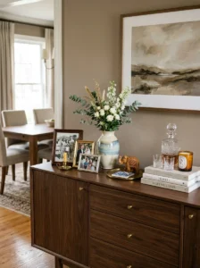 Personal family photographs and travel souvenirs in a dining room.