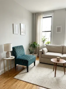 Compact slipper chair providing stylish extra seating in a small living room.