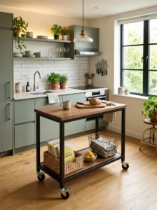 Small kitchen with a compact movable wood and black metal island