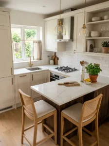 Compact kitchen with a budget-friendly quartz countertop.