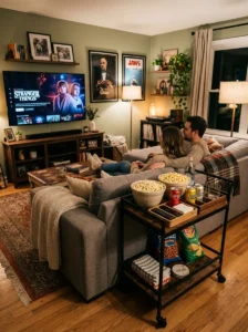 t: Rolling snack station with popcorn, drinks, and napkins beside a TV room sofa.
