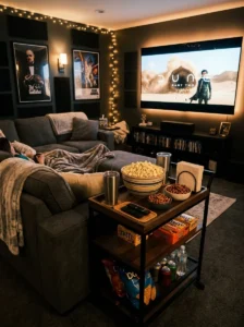 TV room with a rolling popcorn and snack station beside the seating area.