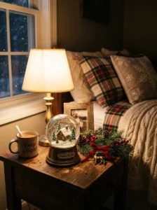 Pinecones and natural greenery displayed on a Christmas bedroom nightstand
