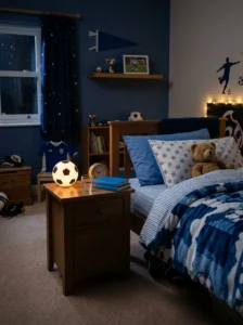 Soccer-ball nightlight providing soft illumination in a boy’s bedroom.